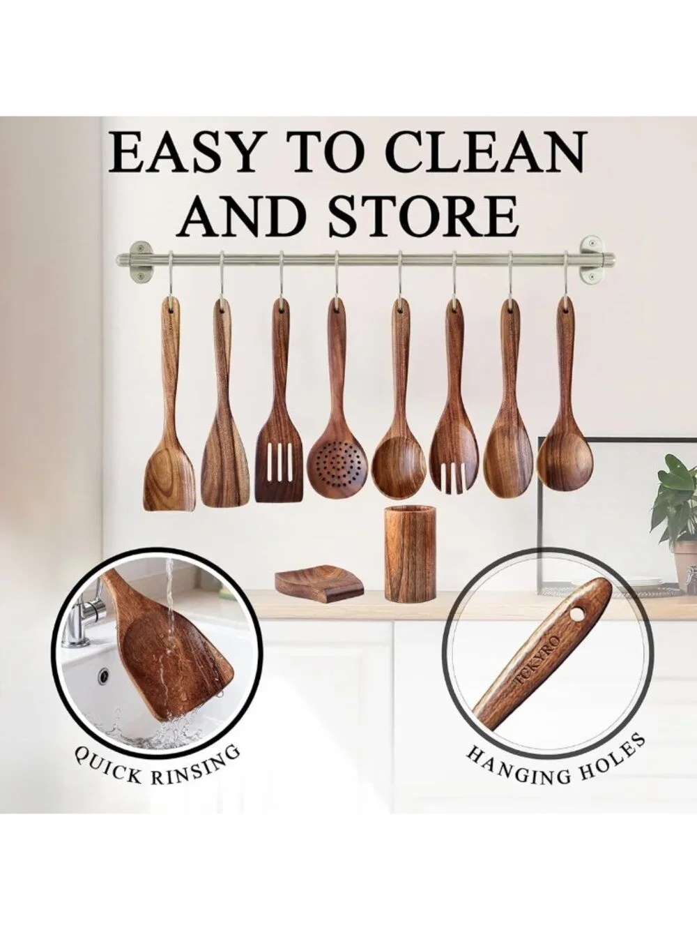 10-Piece Premium Wooden Utensil Set with Holder & Spoon Rest - Cooking Tools
